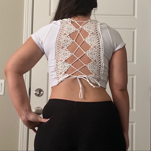 White Lace Up Back Crop Top - Picture 6 of 8